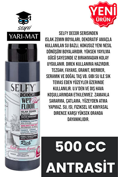 SEYFİKİRTASİYE SELFY DECOR ISLAK ZEMİN BOYASI 500 CC MUTFAK TEZGAH FAYANS LAV...