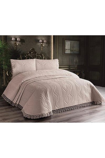 ELVİRAHOME Luxury Double Dowry French Lace Laced Bedspread Set Cappuccino
