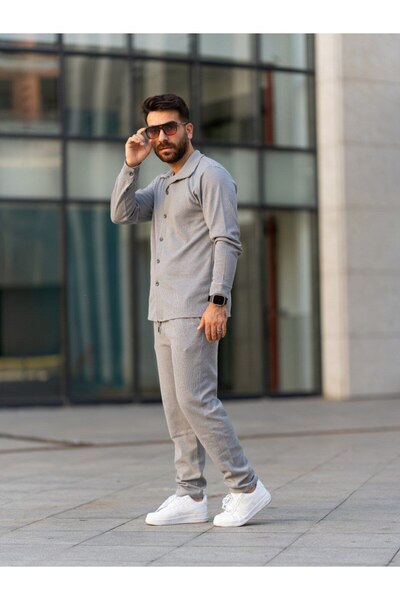 Man Forces Wear Erkek Gömlek, Gri Pamuklu Waffle Kumaş, Şık ve Mevsimlik, Günlük Spor Tasarım