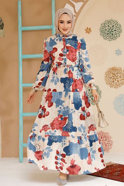 Neva Style Rochie Hijab Prune cu Motiv Floral 10214MU