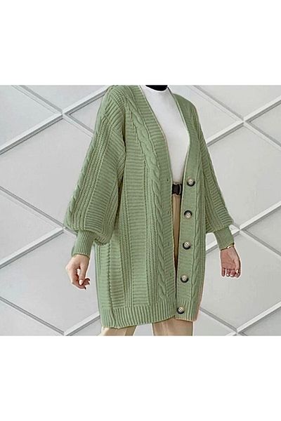 moda mh Pletený VZOROVANÝ 5 TLAČIDLOVÝ PLETENÝ KARDIGÁN S BALÓNOVÝM RUKÁVOM