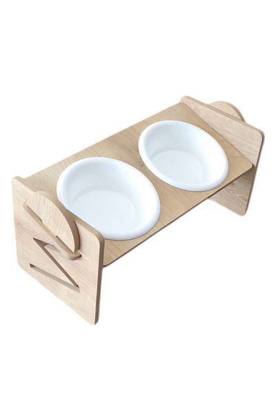 TİNEKE White Adjustable Wooden and Plastic Rhinestone Cat and Dog Food - Water Bowl