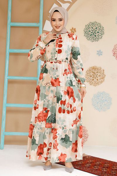 Neva Style Rochie hijab roșie cu model floral 10214K