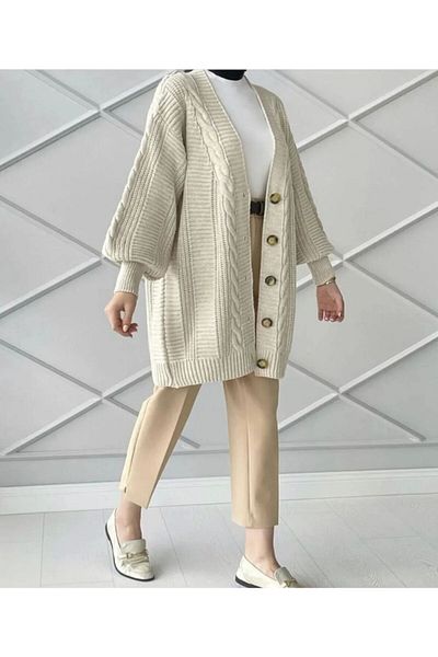 moda mh Knitted Patterned 5 Buttoned Balloon Sleeve Detailed Knitted Cardigan