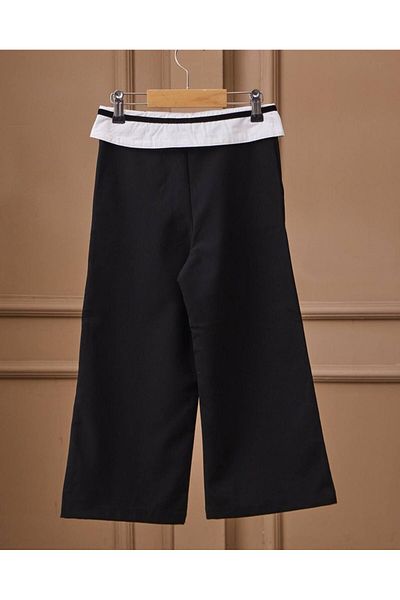 Lolliboomkids Girls' Waist Detailed Palazzo Pants Black Color Mid-High Waist New Season Cotton Woven Fabric