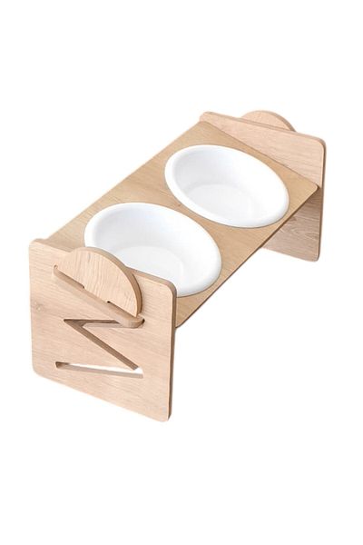 TİNEKE White Adjustable Wooden and Plastic Rhinestone Cat and Dog Food - Water Bowl
