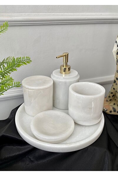 Elysian Mermer Banyo Seti Beyaz Sıvı Sabunluk Katı Sabunluk Diş Fırçalık 5lib...