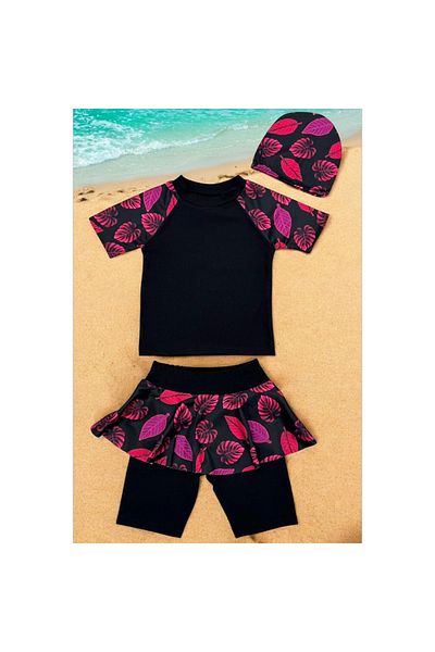 Lolliboomkids New Season Girls' Diving Cloth Tights with Skirt Short Sleeve 3 Piece Swimsuit Set Including Bonnet
