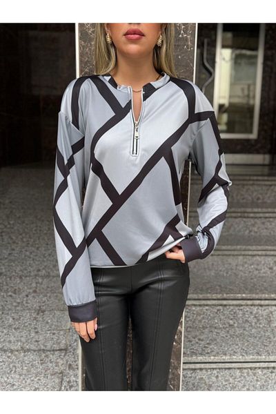REKA MODA Women's Long Sleeve Round Neck Zippered Print Raised Blouse