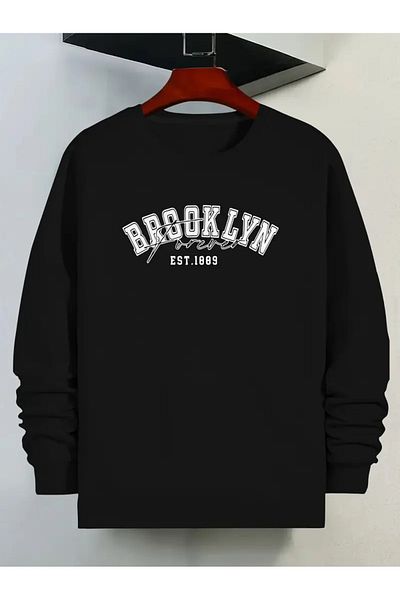 Pink Sky Paris Printed Black Crew Neck Sweatshirt - Oversize Unisex Thick Winter
