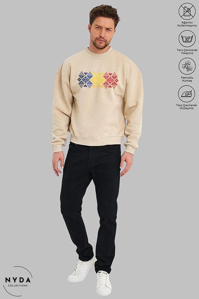 Nyda Collections Unisex Long Sleeve Romania Cusatura Printed Crew Neck Hoodless Raster Oversize Sweatshirt