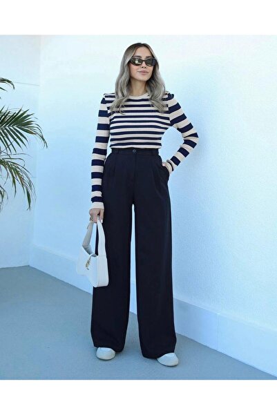 MetuCA Women's Black High Waist Button Pocket Straight Spanish Wide Leg Fabric Palazzo Pants