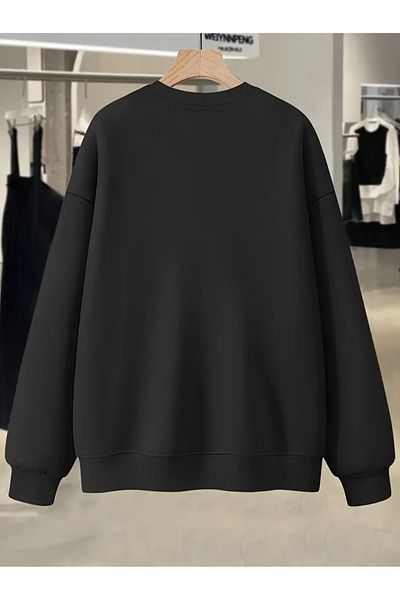 Pink Sky Paris Printed Black Crew Neck Sweatshirt - Oversize Unisex Thick Winter