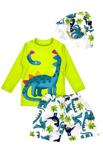 Lolliboomkids Boys' Sun Protection Brim Hat Dinosaur Character Print Swimsuit Suit with Sea Shorts
