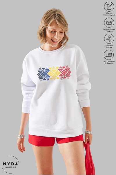 Nyda Collections Unisex μακρυμάνικο Romania Cusatura με στάμπα με λαιμόκοψη χωρίς κουκούλα Oversize φούτερ