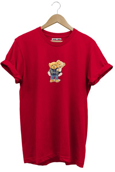 MODA Valentine's Day Gift Dear Couple Cute Teddy Bear Printed 100% Cotton Red Basic T-Shirt