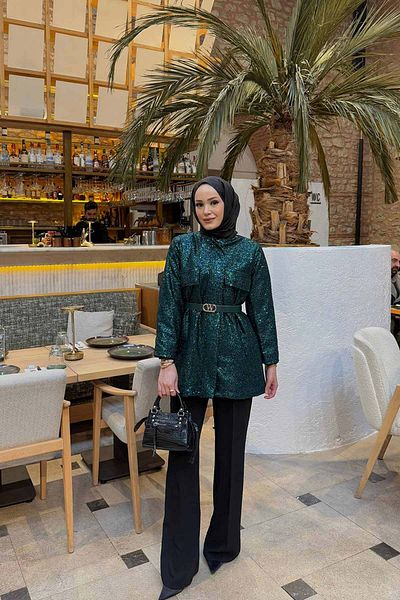 Melike Tatar Zemrüt Belted Sequined Jacket 32-3503