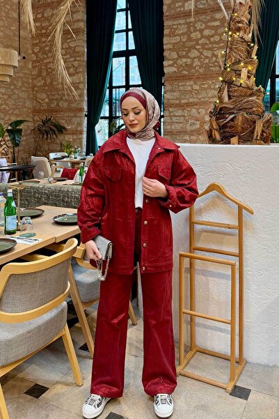 Melike Tatar BORDO Bol Paça Varaklı Gabardin Pantolon 32-3501