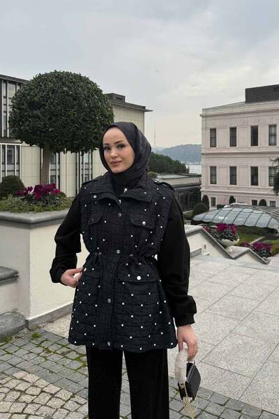 Melike Tatar Black Jewelled Quilted Vest 32-2232