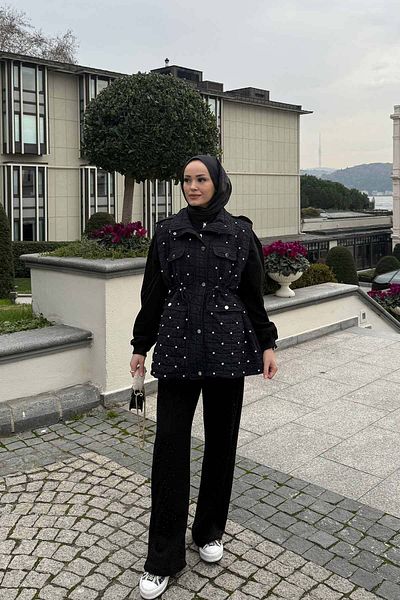 Melike Tatar ΜΑΥΡΟ Πέτρινο Καπιτονέ Γιλέκο 32-2232