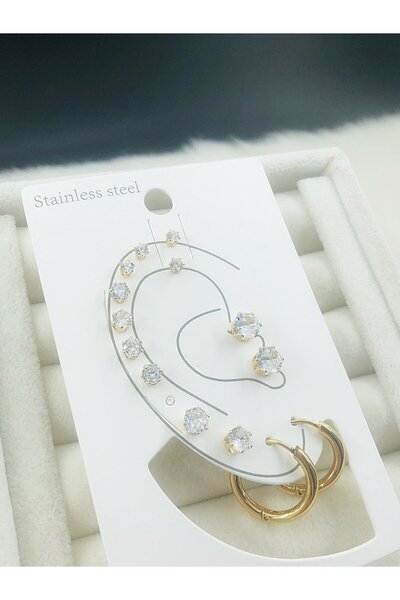 DS DİAMONDSHOP 7 Pairs Solitaire Model Steel Earrings - Byçkp- 202501503