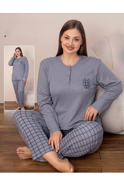 lindros Women's Cotton Button Collar Report Interlock Oversize Pajama Set 05131 - 1 Piece