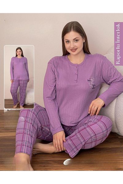 lindros Women's Cotton Button Collar Report Interlock Oversize Pajama Set 05130 - 1 Piece