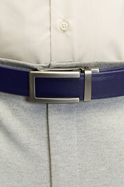 derikem Navy Blue Automatic Buckle Perforation Free 100% Genuine Buffalo Leather Classic Men's Belt