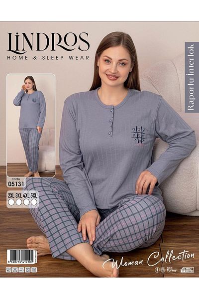 lindros Women's Cotton Button Collar Report Interlock Oversize Pajama Set 05131 - 1 Piece