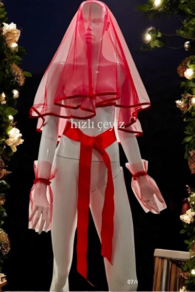 Hızlı Çeyiz Kırmızı Biyeli Gelin Duvak Kuşak Eldiven Tam Set Kına Gecesi Düğü...