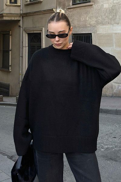Swist Pulover de damă negru cu gât crew oversize tricotaj