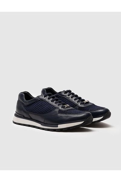 Cabani Genuine Leather Navy Blue Lace-Up Men's Sports Shoes