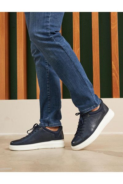 Cabani Navy Blue Men's Sports Shoes - Genuine Leather, White Sole, Lace-up