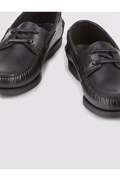 Cabani Hakiki Deri Siyah Kauçuk Taban Bağcık Detaylı Erkek Günlük Ayakkabı