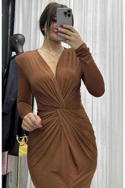 Daves Rochie cu guler dublu, cu umeri, cu noduri în față - cafea deschisă