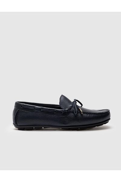 Cabani Genuine Leather Navy Blue Men's Loafer Shoes with Bow Detail