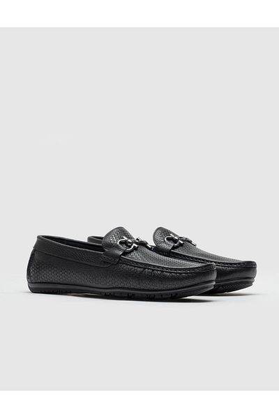 Cabani Buckle Detailed Genuine Leather Black Men's Loafer Shoes