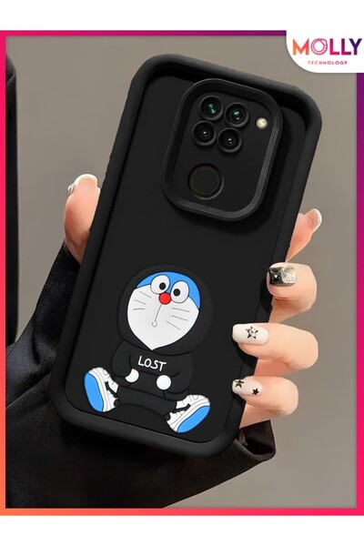 Molly Xiaomi Redmi Note 9 İçin Siyah Kenarları Kalın 3d Kabartmalı Sevimli Doraemon Silikon Kılıf