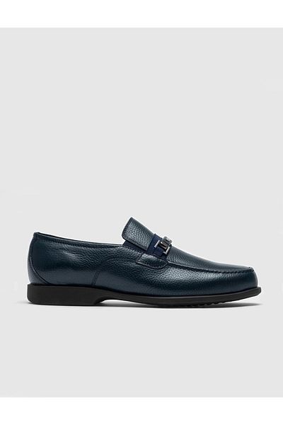 Cabani Genuine Leather Navy Blue Men's Shoes with Buckle Accessories
