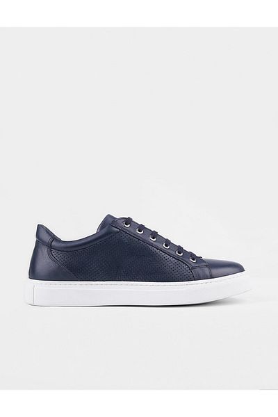 Cabani Navy Blue Lace-Up Genuine Leather Men's Sports Shoes