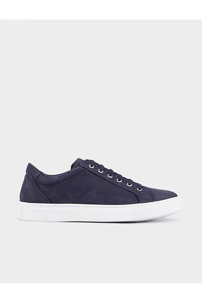 Cabani Rubber Sole Genuine Leather Navy Blue Lace-Up Men's Sports Shoes