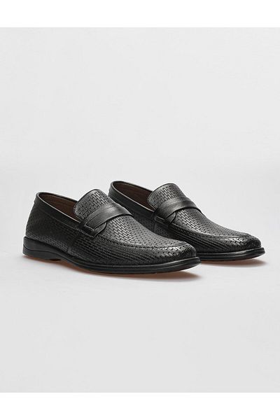 Cabani Genuine Leather Black Patterned Men's Casual Shoes