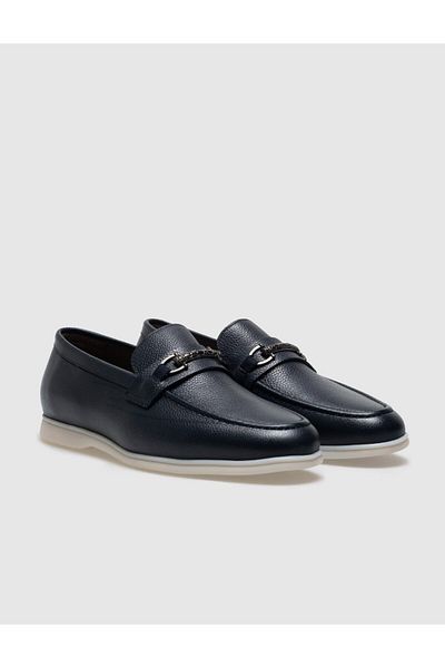 Cabani Genuine Leather Navy Blue Buckle Men's Casual Shoes