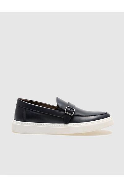 Cabani Genuine Leather Navy Blue Buckle Men's Casual Shoes