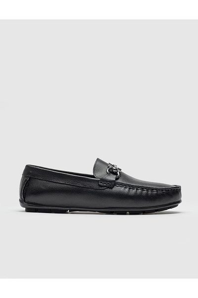 Cabani Black Genuine Leather Loafer - Men's Shoes with Buckle Detail