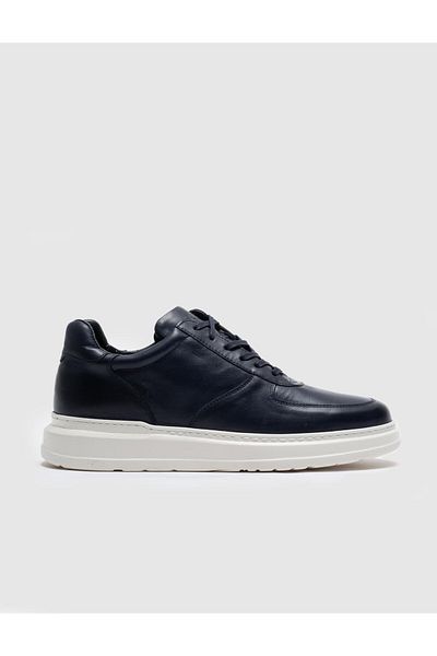 Cabani Navy Blue Genuine Leather Lace-Up Men's Sports Shoes
