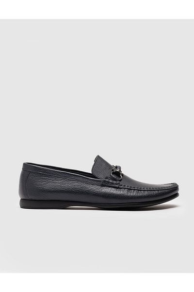 Cabani Genuine Leather Navy Blue Men's Loafer Shoes with Buckle Accessories