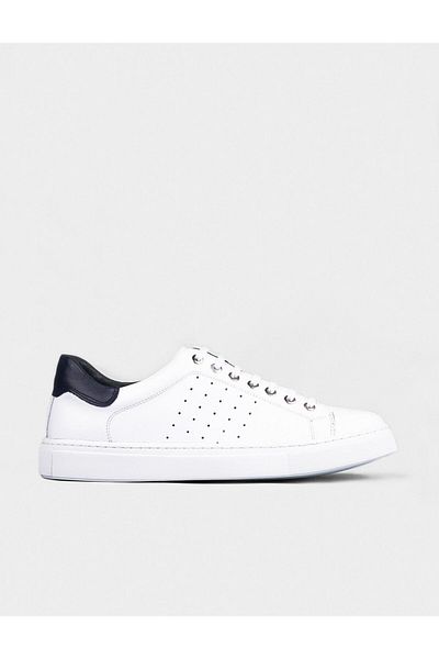 Cabani Navy Blue Ankle Detailed Genuine Leather White Lace-Up Men's Sports Shoes