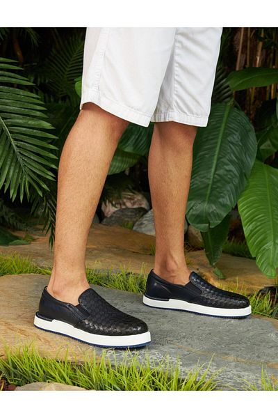 Cabani Genuine Leather Navy Blue Eva Sole Men's Casual Shoes