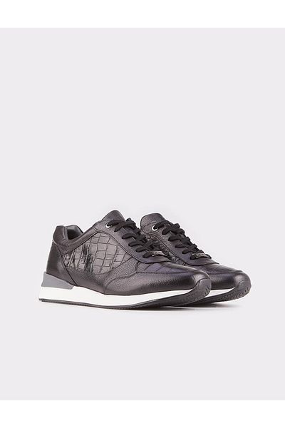 Cabani Croco Printed Genuine Leather Black Lace-Up Men's Sports Shoes